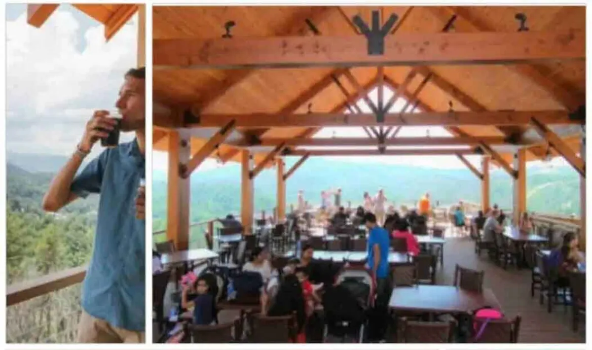A relaxed outdoor dining scene featuring a man enjoying a beverage, a panoramic view of the mountains, and a spacious seating area. The setting captures the communal spirit of sharing meals, laughter, and stories after a day of adventure.